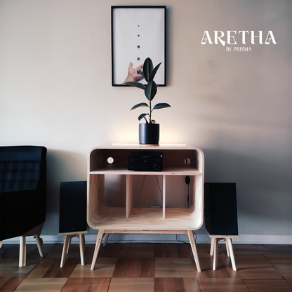 Mueble para vinilos Aretha PRISMA en madera natural con espacio para tornamesa