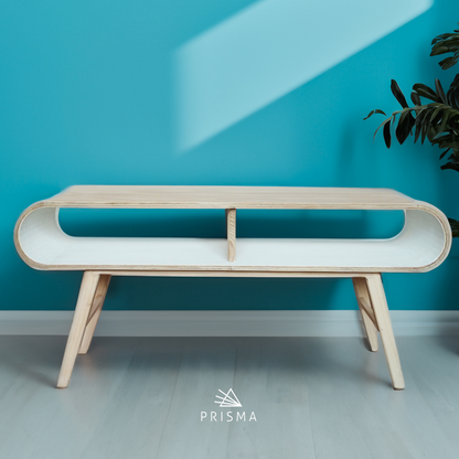 Mesa de centro Elena PRISMA diseño curvo, vista frontal color natural