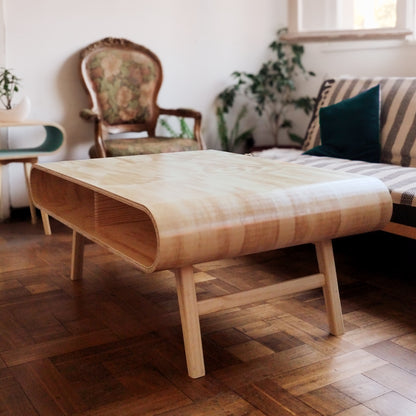 Mesa de centro Elena PRISMA fabricada de una sola pieza curvada, madera natural